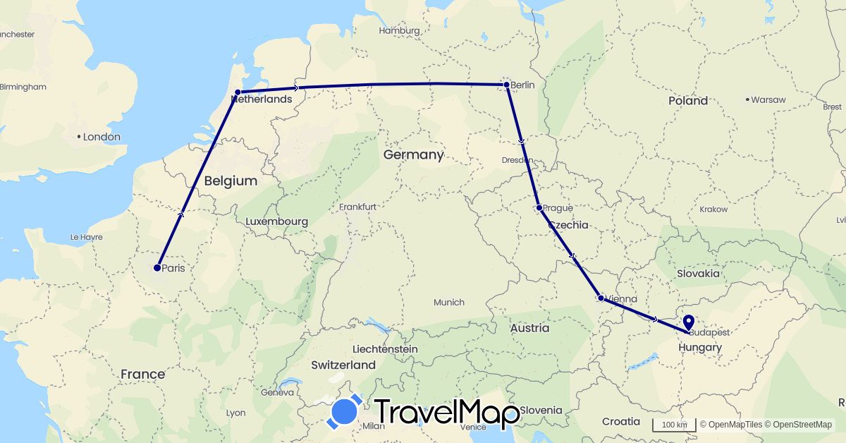 TravelMap itinerary: driving in Austria, Czech Republic, Germany, France, Hungary, Netherlands (Europe)